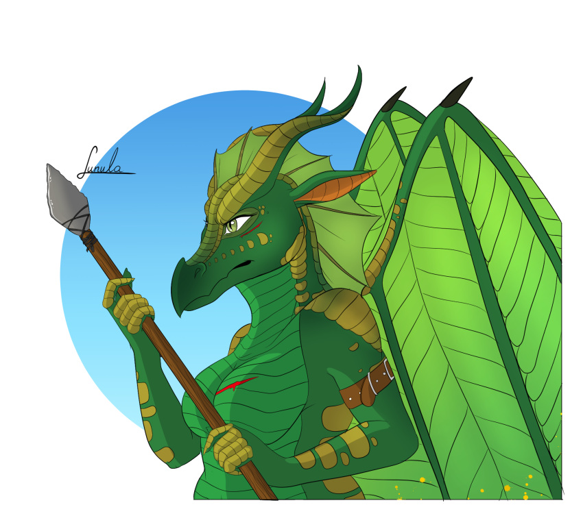 anthro big_breasts blood bodily_fluids breasts clothed clothing countershading cut_(wound) dragon featureless_breasts female frill_(anatomy) frown gold_scales green_body green_scales hi_res leaf_wings leafwing_(wof) looking_at_viewer lunula_(artist) melee_weapon membrane_(anatomy) membranous_frill multicolored_body multicolored_scales navel non-mammal_breasts non-mammal_navel nude nude_female polearm scales solo spear spines sundew_(wof) topless tribal weapon wings wings_of_fire wounded