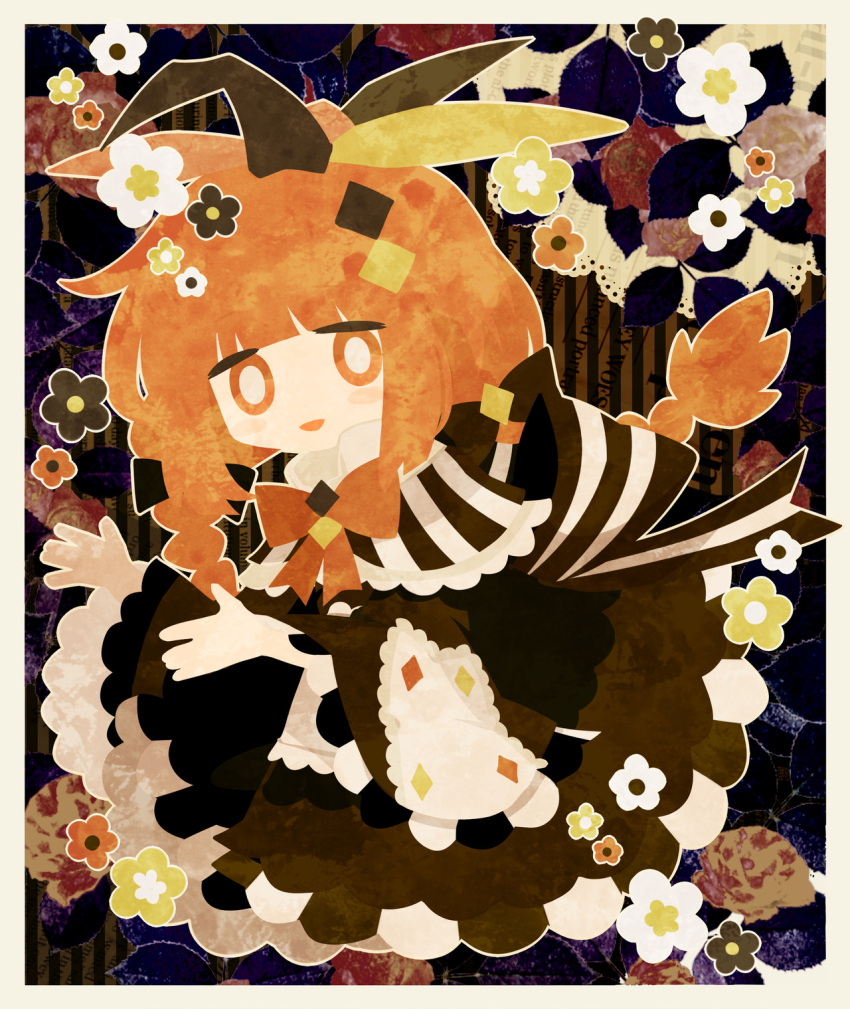 1girl black_dress black_flower blush_stickers border braid bright_pupils commentary diamond_hair_ornament dress english_commentary flower highres lapin_farbe long_hair long_sleeves low_twin_braids neck_ribbon no_lineart no_nose open_mouth orange_eyes orange_flower orange_hair orange_ribbon original pale_skin ribbon smile solo twin_braids usagi_nui white_border white_flower white_pupils wide_sleeves yellow_flower