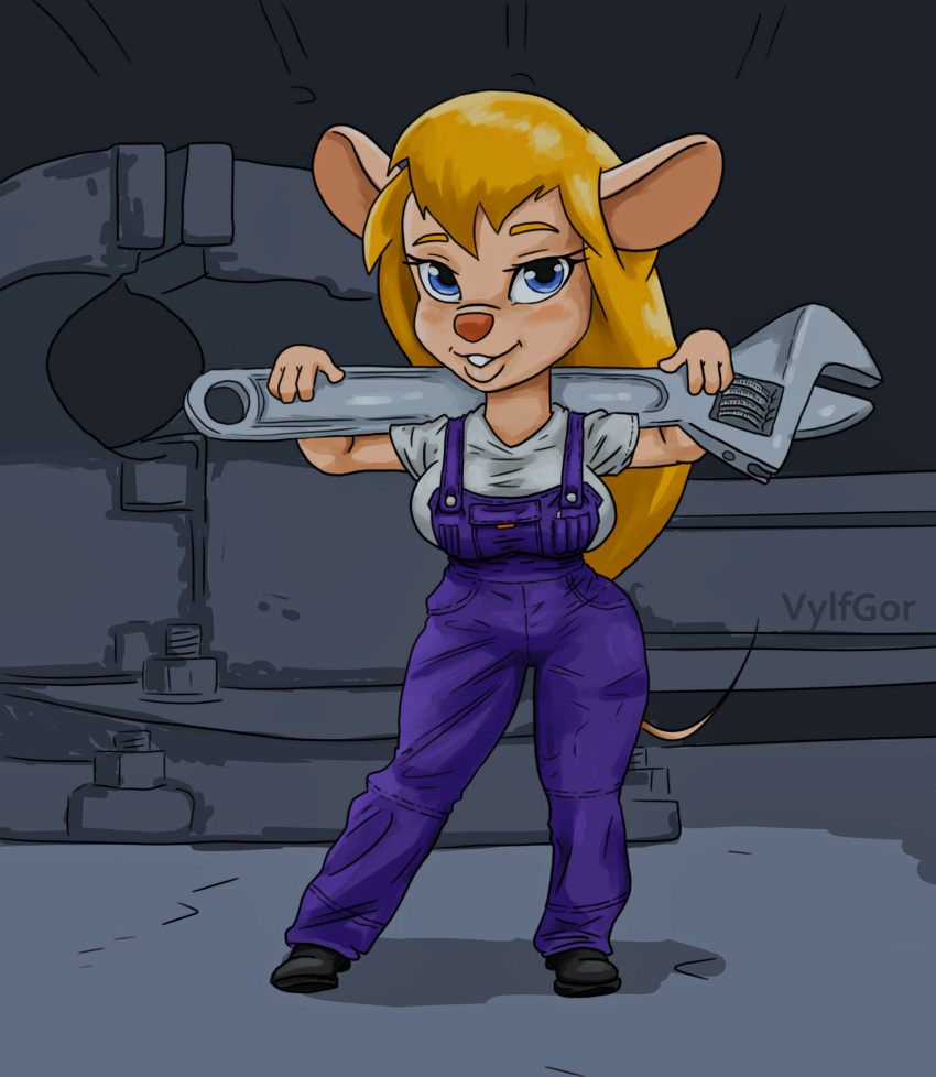 2023 anthro big_breasts blonde_hair blue_eyes boots breasts chip_'n_dale_rescue_rangers clothed clothing digital_media_(artwork) disney female footwear gadget_hackwrench hair hi_res long_hair looking_pleasured mammal mouse murid murine pink_nose rodent solo tools vylfgor wrench