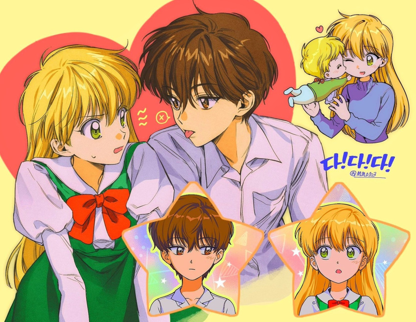 1girl 2boys baby bib blonde_hair blue_sweater bow brown_eyes brown_hair collared_shirt cowboy_shot daa!_daa!_daa! dress floating green_dress green_eyes green_shirt heart highres juliet_sleeves kiss kissing_cheek kouzuki_miyu long_hair long_sleeves m_m_pb multiple_boys one_eye_closed open_mouth puffy_sleeves red_bow ruu_(daa!_daa!_daa!) saionji_kanata school_uniform shirt short_hair smile standing sweatdrop sweater white_shirt yellow_background