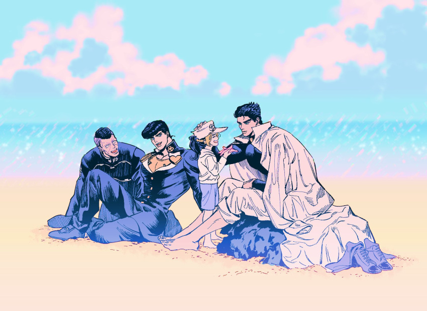 1girl 3boys aged_down anchor_symbol barefoot beach black_hair blue_eyes borrowed_clothes closed_eyes closed_mouth cloud commentary day diamond_wa_kudakenai father_and_daughter feet gakuran hat higashikata_josuke highres holding jojo_no_kimyou_na_bouken kujo_jolyne kujo_jotaro lemona633 long_coat long_hair long_sleeves looking_at_another multicolored_hair multiple_boys muscular muscular_male nijimura_okuyasu open_mouth outdoors pants peace_symbol pompadour sand school_uniform shoes shoes_removed short_hair sitting smile starfish symbol-only_commentary two-tone_hair water