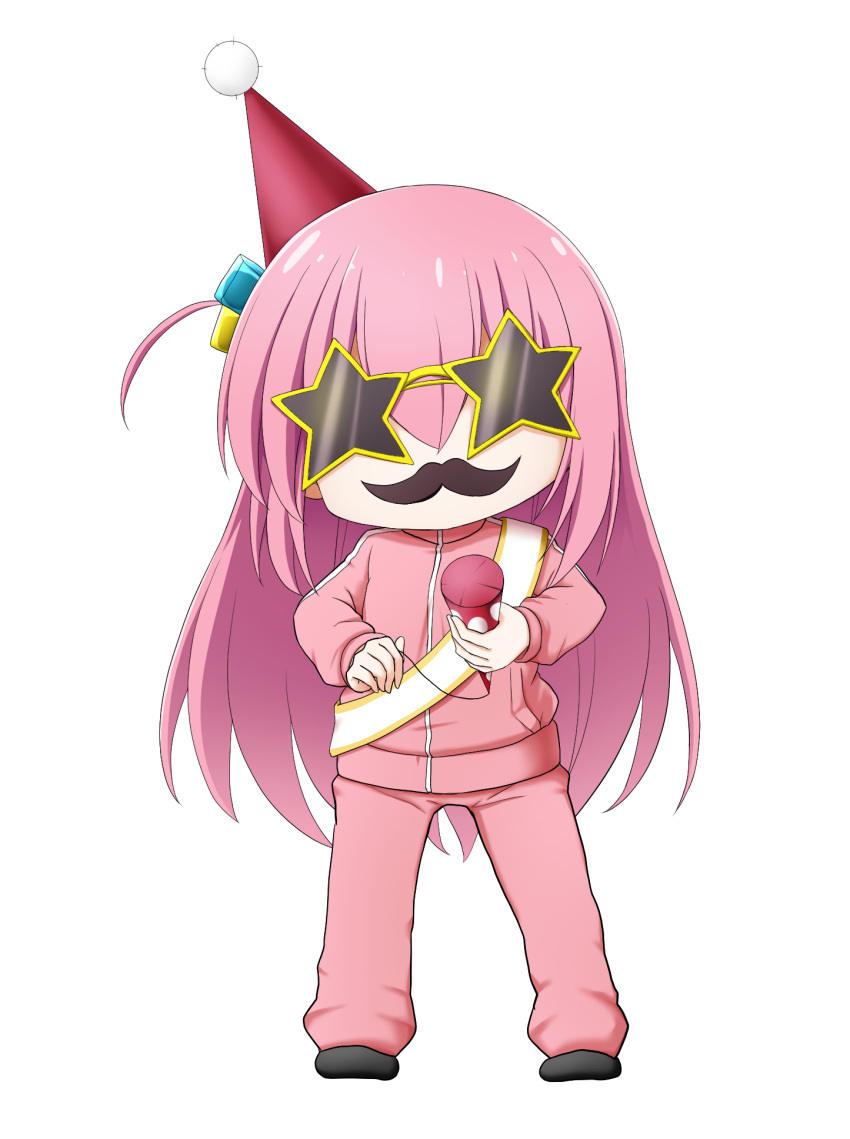 1girl bangs black_footwear bocchi_the_rock! chibi cube_hair_ornament fake_facial_hair fake_mustache full_body gotou_hitori hair_between_eyes hair_ornament hat highres jacket kuena long_hair one_side_up pants party_hat pink_hair pink_jacket pink_pants red_headwear shoes simple_background solo standing star-shaped_eyewear sunglasses tilted_headwear track_jacket track_pants track_suit very_long_hair white_background yellow-framed_eyewear