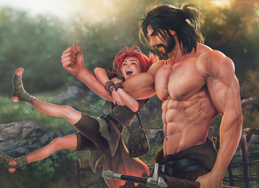 1boy 1girl abs absurdres aenaluck bag bandaged_foot bandages bara beard belt biceps black_belt black_hair black_pants black_shorts carlnes_(aenaluck) chest_hair closed_eyes facial_hair female_child highres holding holding_another's_arm holding_sheath large_pectorals long_hair looking_at_another medium_hair muscular muscular_male navel nipples original pants pectorals ponytail red_hair sheath sheathed shorts shoulder_bag smile sword topless_male uncle_and_niece weapon