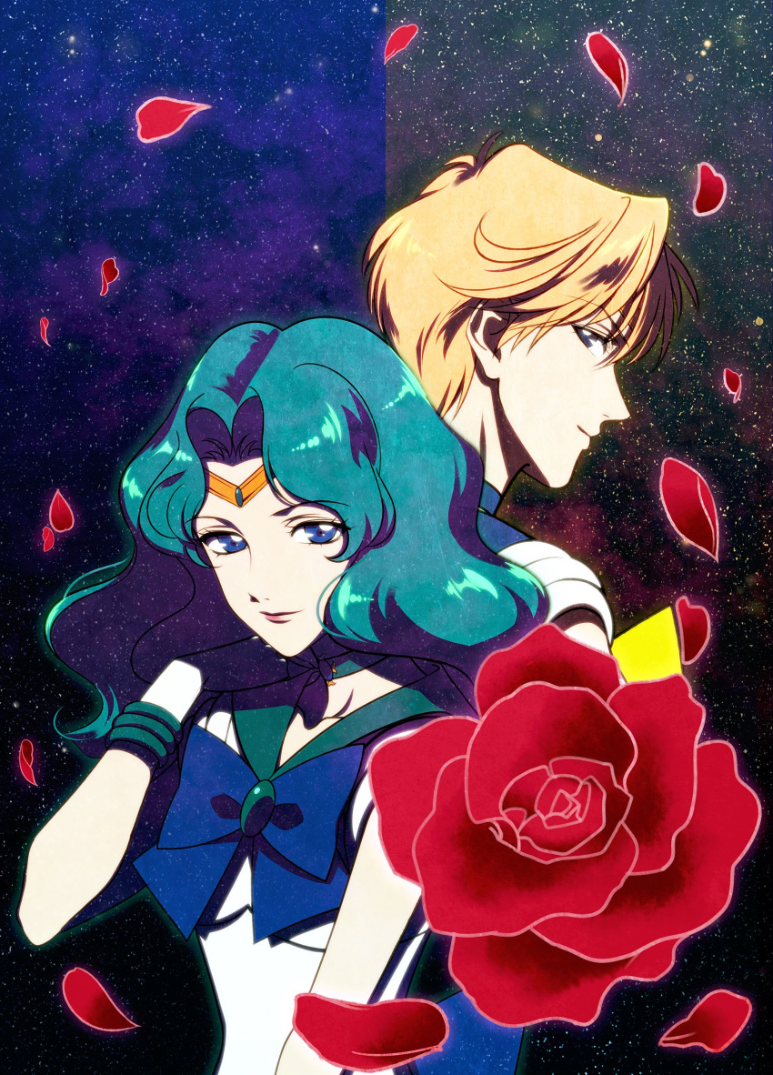 2girls absurdres aqua_hair back-to-back bishoujo_senshi_sailor_moon blonde_hair blue_bow blue_choker blue_eyes blue_sailor_collar bow choker falling_petals flower gloves green_choker green_sailor_collar hair_between_eyes hand_in_own_hair highres kaiou_michiru long_hair multiple_girls parted_bangs petals red_flower red_rose rose sailor_collar sailor_neptune sailor_senshi_uniform sailor_uranus shirt short_hair smile ten'ou_haruka tiara tomaty. tomboy upper_body wavy_hair white_gloves white_shirt yellow_bow