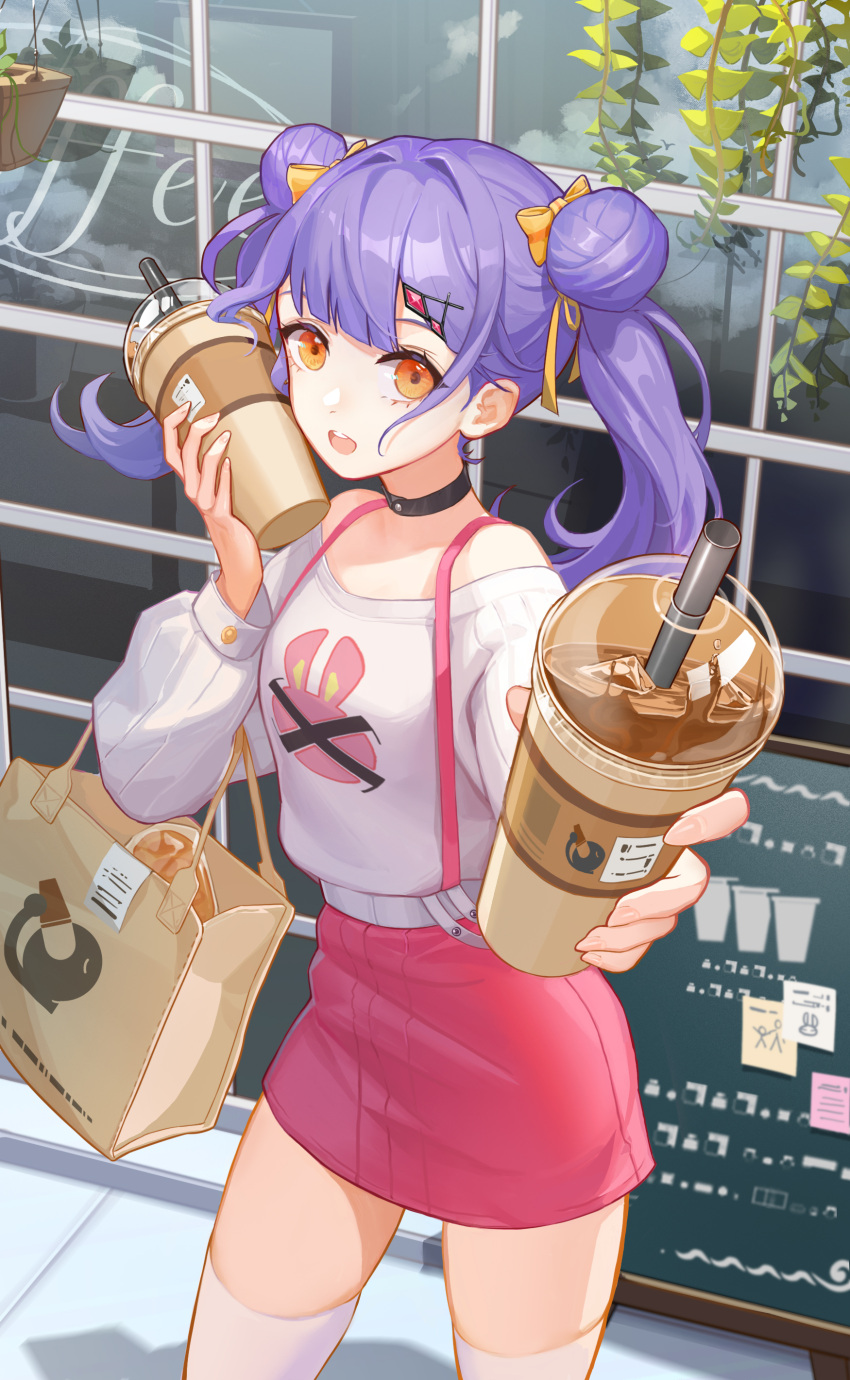 1girl absurdres bag bare_shoulders bow breasts crazy_ones cup disposable_cup double_bun drinking_straw hair_bow hair_bun highres long_sleeves medium_breasts miniskirt official_art pink_skirt puffy_long_sleeves puffy_sleeves purple_hair qianye_zhizi shirt shopping_bag skirt thighhighs twintails white_shirt white_thighhighs window yellow_bow yellow_eyes
