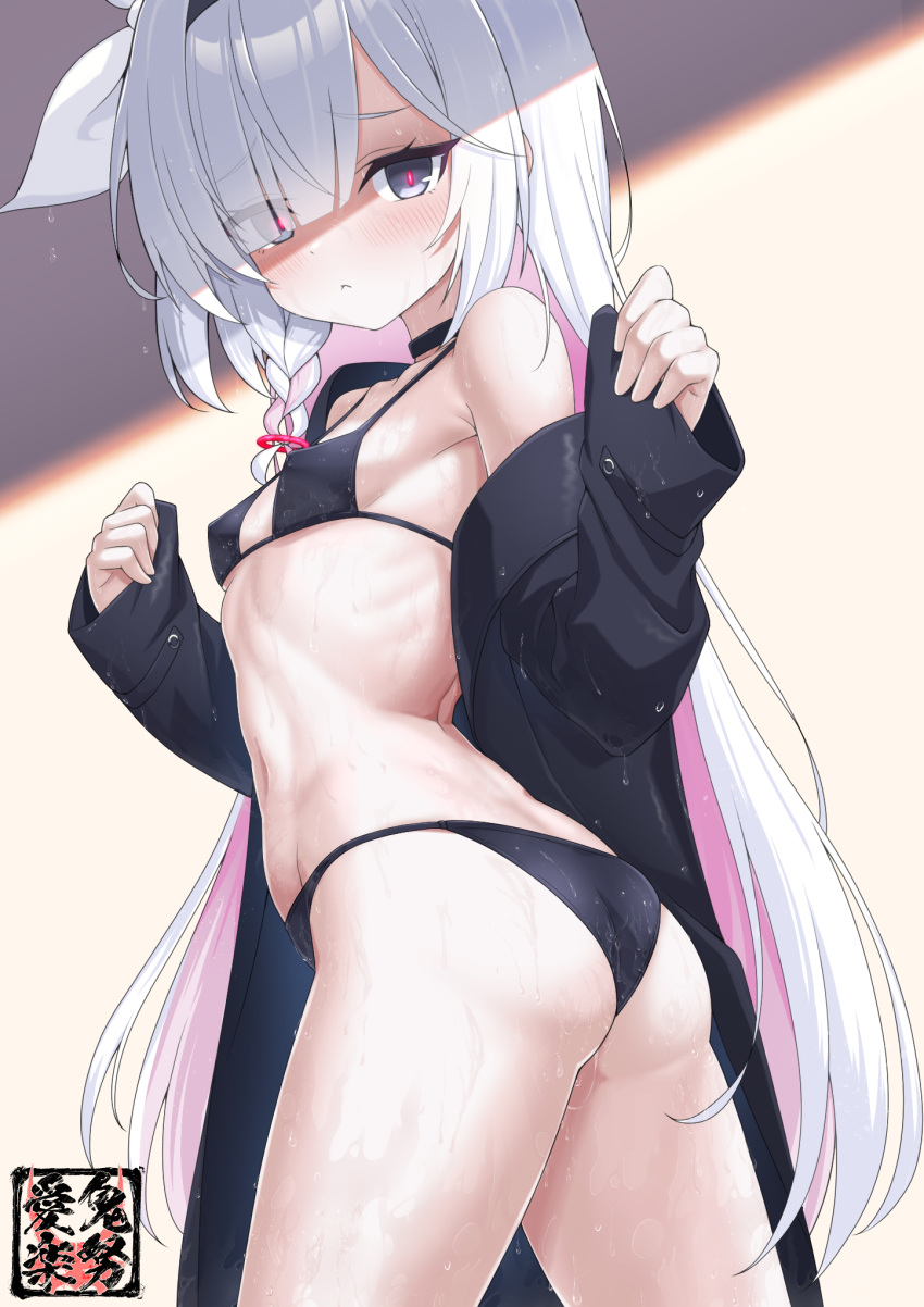 1girl a.r.o.n.a_(blue_archive) arms_up ass bikini bikini_under_clothes black_bikini black_coat blue_archive blush bow braid breasts coat expressionless from_behind glowing glowing_eyes grey_eyes hair_bow hair_over_one_eye hairband highres kido_airaku long_hair looking_at_viewer looking_back micro_bikini navel off_shoulder open_clothes open_coat ribbon sleeves_past_wrists small_breasts solo swimsuit swimsuit_under_clothes thighs very_long_hair wet wet_bikini wet_clothes white_hair