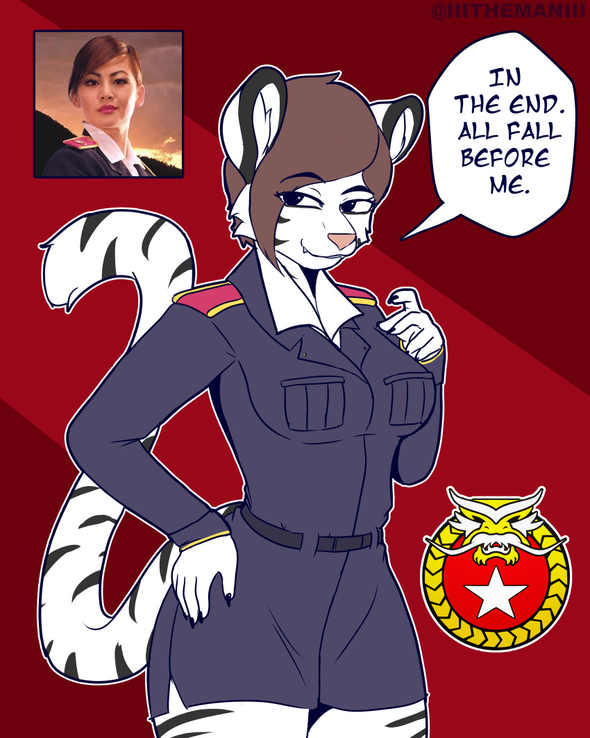 2023 4:5 absurd_res anthro anthrofied breasts clothed clothing command_and_conquer english_text felid female fur hair hi_res human mammal military pantherine portrait red_background simple_background solo stripes text the_man three-quarter_portrait tiger white_body