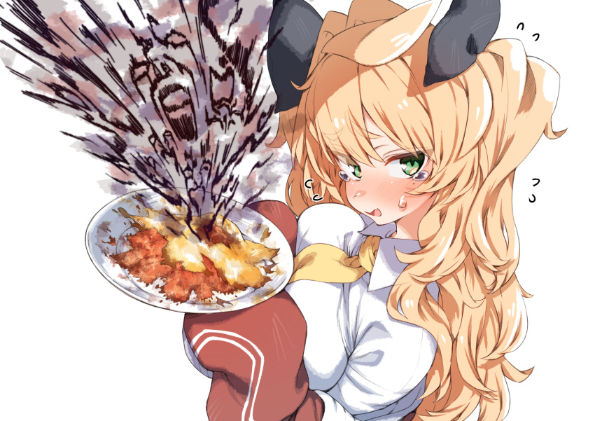 1girl ahoge bad_food black_bow blonde_hair blush bow breasts collared_shirt dress_shirt food green_eyes hair_between_eyes hair_bow hair_intakes highres holding jacket kz_oji large_breasts long_hair looking_at_viewer mole mole_under_eye necktie open_mouth original plate poison red_jacket shirt simple_background smile smoke solo sweatdrop tearing_up track_jacket twintails wavy_hair white_background white_shirt yellow_necktie