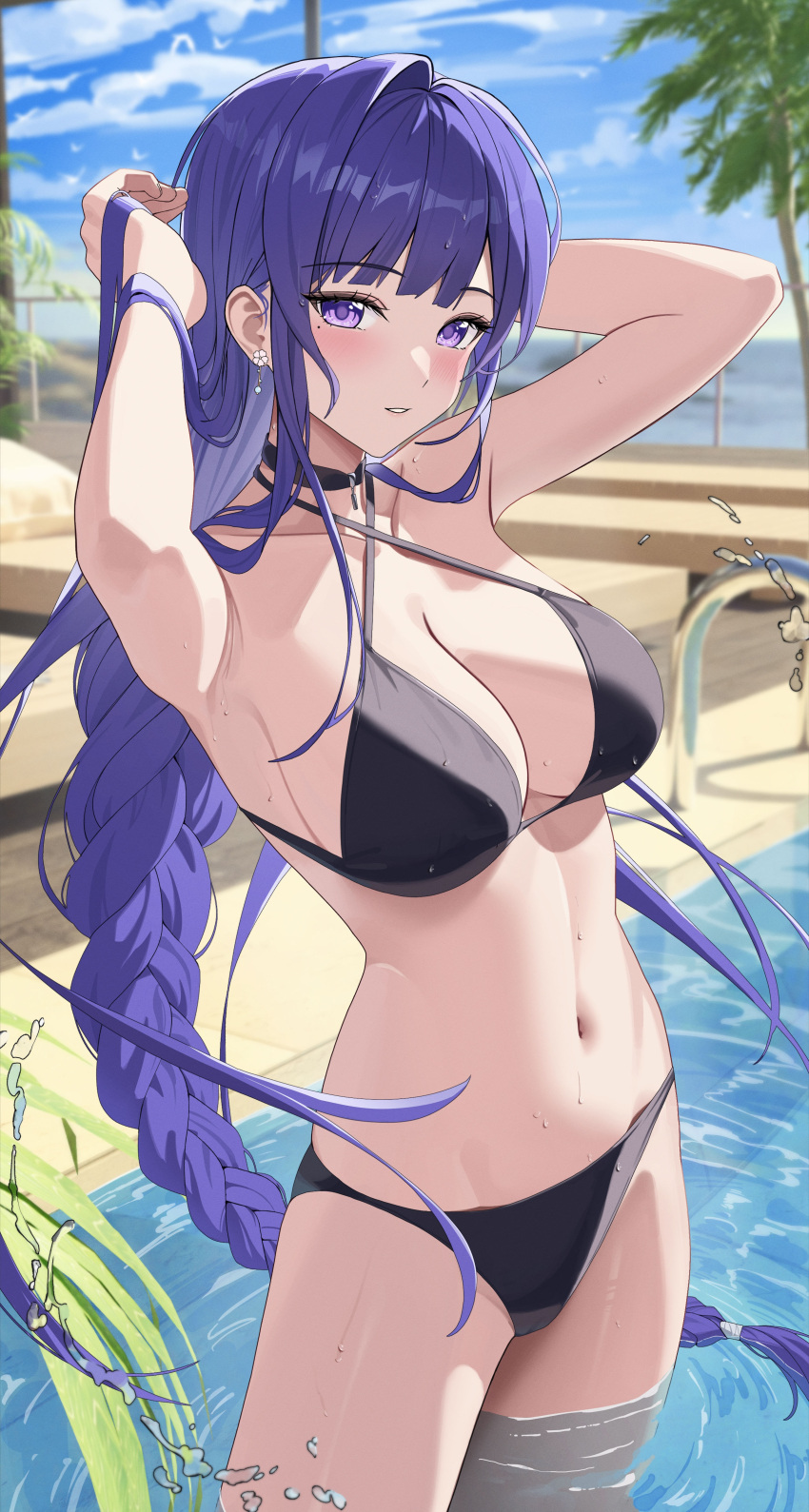 1girl absurdres arms_up bikini black_bikini black_choker blue_sky braid braided_ponytail breasts choker collarbone cowboy_shot earrings genshin_impact highres jewelry jumonji large_breasts long_hair mole mole_under_eye navel paid_reward_available parted_lips pool pool_ladder purple_eyes purple_hair raiden_shogun revision sky solo stomach strap_gap swimsuit very_long_hair wading water wet