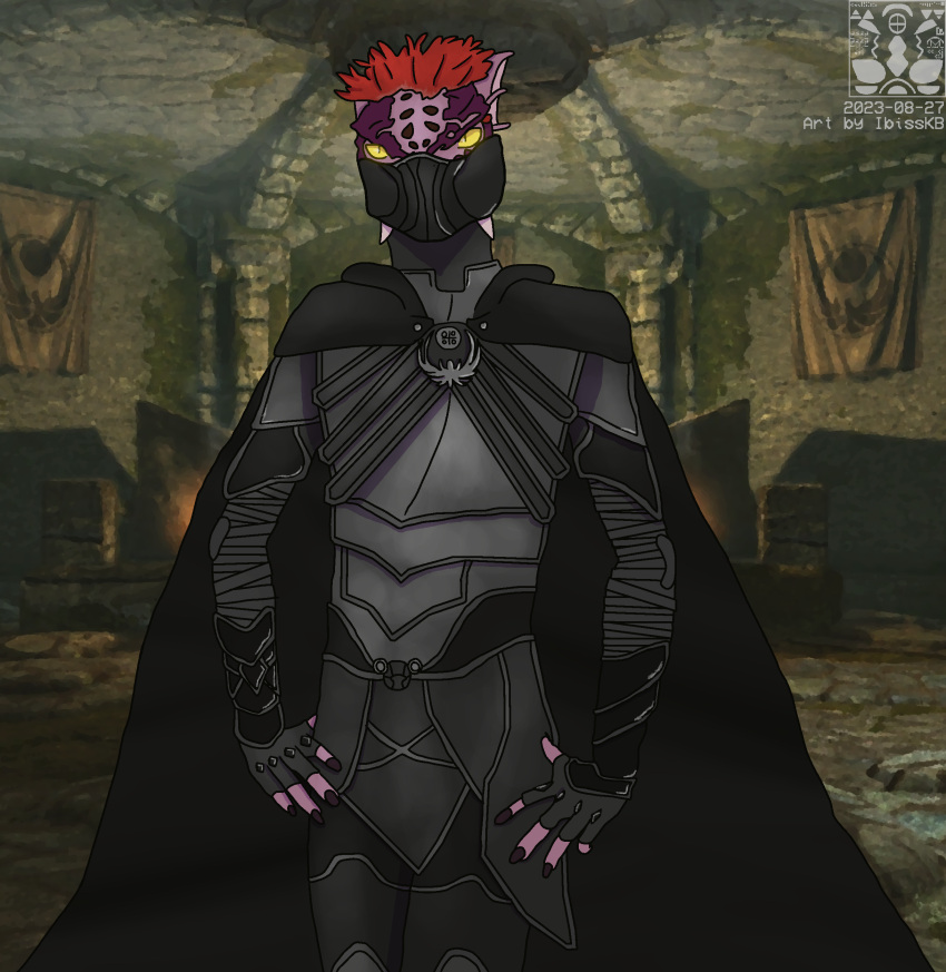 absurd_res argonian bethesda_softworks cape clothing ear_fins feather_hair feathers fin fingerless_gloves gloves glowing glowing_eyes handwear hi_res highlights_(coloring) ibisskb kiivah male mask nightingale_armor pseudo_hair rogue scalie skyrim slim the_elder_scrolls thief