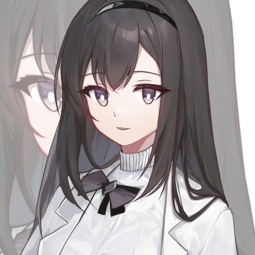 1girl arknights black_bow black_hairband bow brown_eyes brown_hair commentary_request hairband jacket long_hair long_wuxian looking_at_viewer open_clothes open_jacket parted_lips priestess_(arknights) shirt solo turtleneck upper_body white_background white_jacket white_shirt