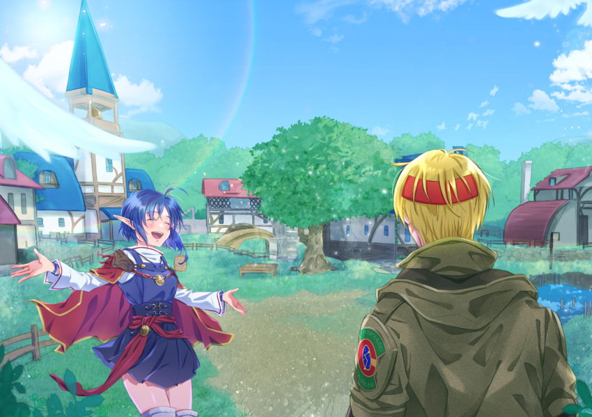 19670615t 1boy 1girl ahoge bench bird blonde_hair blue_hair blush bridge building cape claude_kenni cloud headband highres jacket open_mouth pointy_ears pond red_cape rena_lanford short_hair skirt smile star_ocean star_ocean_the_second_story town tree