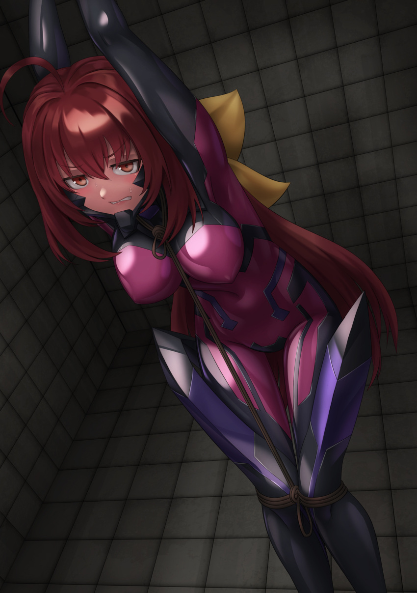 1girl ahoge arms_up bdsm blush bodysuit bondage bound bound_arms bound_knees bound_legs bound_wrists bow covered_navel covered_nipples fortified_suit frown highres impossible_bodysuit impossible_clothes kagami_sumika kurione_(zassou) looking_at_viewer low_ponytail muvluv muvluv_alternative pilot_suit pink_bodysuit red_eyes red_hair restrained rope shibari skin_tight solo standing_restraints sweat upright_restraints yellow_bow