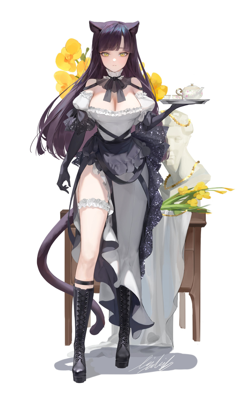 1girl absurdres asymmetrical_legwear boots breasts brown_hair cat_girl cleavage dress expressionless highres lizchief maid original simple_background solo tail white_background yellow_eyes