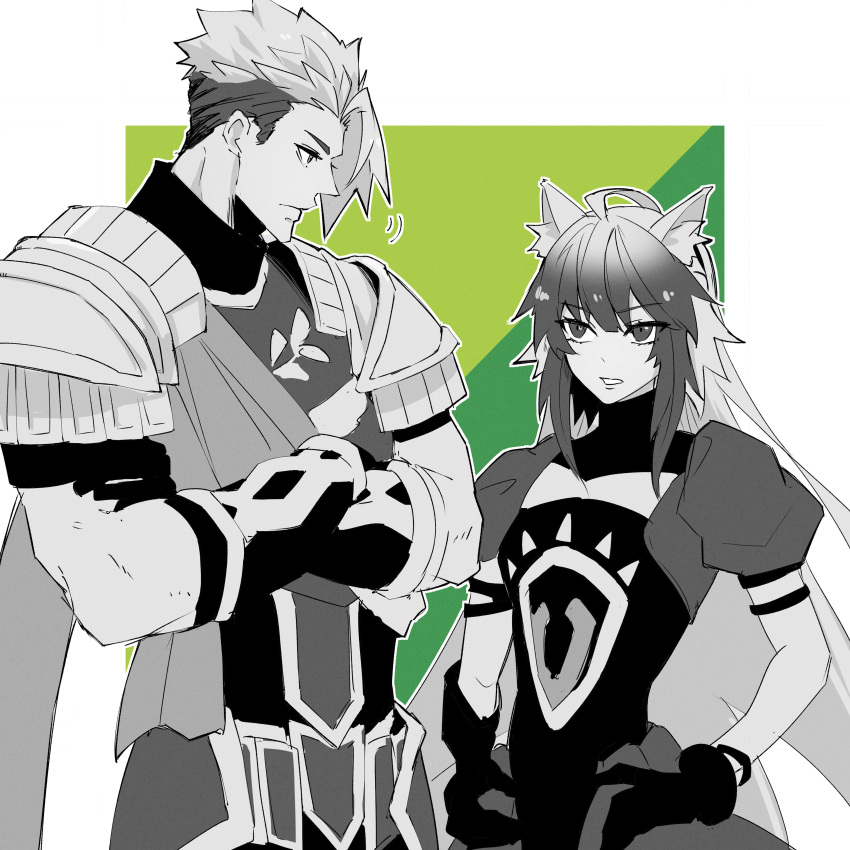 1boy 1girl absurdres achilles_(fate) animal_ear_fluff animal_ears armor atalanta_(fate) border crossed_arms eyelashes fate/grand_order fate_(series) gloves green_background hands_on_own_hips haruakira height_difference highres long_hair looking_at_another monochrome multicolored_hair muscular muscular_male puffy_short_sleeves puffy_sleeves short_hair short_sleeves shoulder_armor two-tone_hair undercut white_border