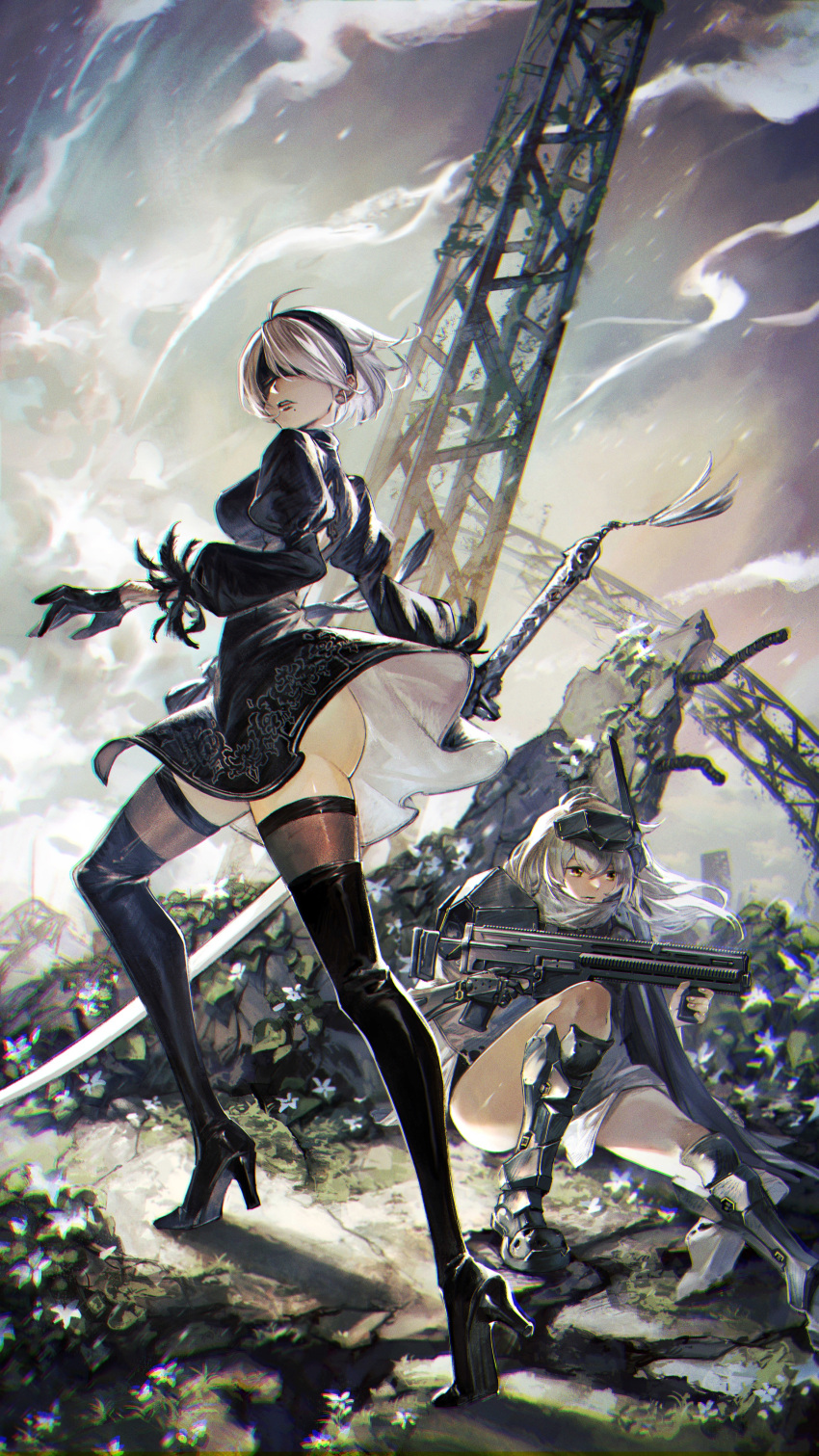 2b_(nier:automata) 2girls absurdres ass_peek black_blindfold black_dress black_footwear black_gloves black_hairband black_headwear black_thighhighs blindfold breasts cloak closed_mouth clothing_cutout dress feather-trimmed_sleeves gloves goddess_of_victory:_nikke gun hairband headgear high_heels highres holding holding_gun holding_sword holding_weapon juliet_sleeves long_hair long_sleeves mechanical_arms mole mole_under_mouth momo_jiru multiple_girls nier:automata nier_(series) outdoors parted_lips puffy_sleeves short_hair snow_white_(nikke) solo sword thick_thighs thighhighs thighs weapon white_hair yellow_eyes