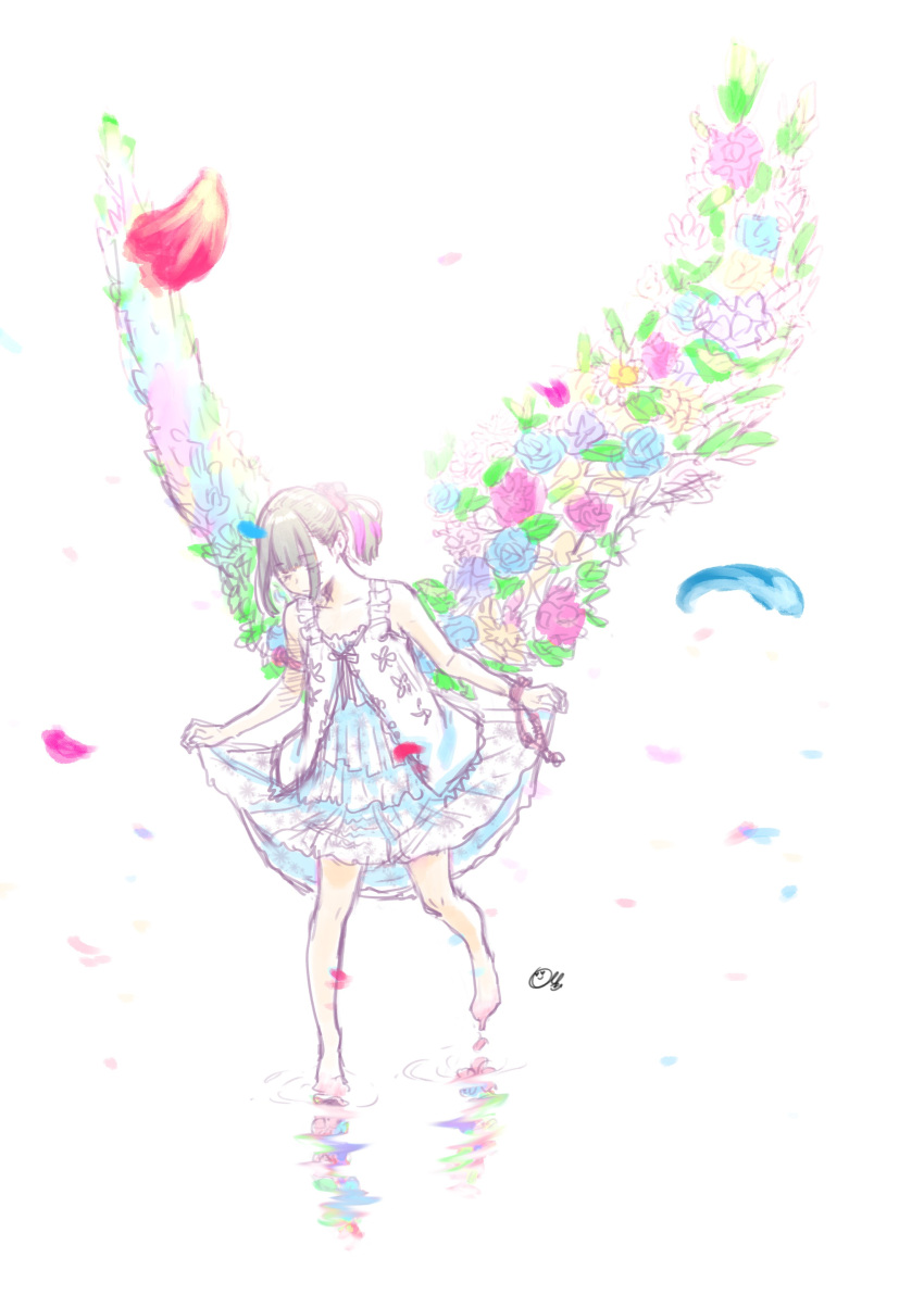 1girl absurdres barefoot closed_eyes commentary_request dress flower flower_wings full_body grey_hair hair_ribbon highres key_(kagibangou) long_hair original petals ponytail ribbon ripples sketch skirt_hold smile solo water white_background white_dress wings