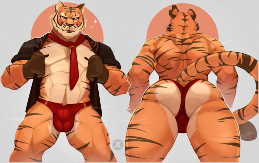 &lt;3 abs anthro athletic athletic_anthro athletic_male bulge butt clothed clothing epic_games fangs felid feline fortnite front_view fur gloves handwear hi_res jacket jumpy_jackal male mammal muscular muscular_male navel necktie nipples pantherine partially_clothed rear_view seductive solo solo_focus striped_body striped_fur stripes tail teeth thong tiger topwear underwear unnamed_character