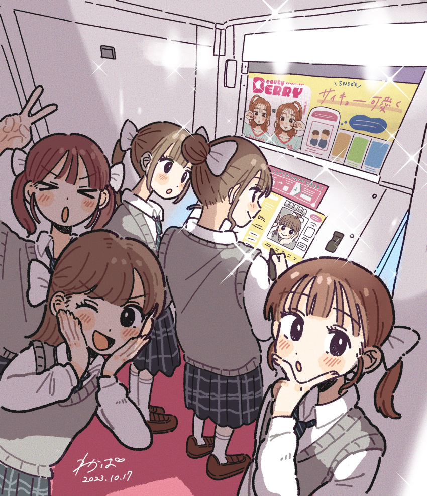&gt;_&lt; 5girls :o ;d arm_up black_eyes blush bow brown_footwear brown_hair dated grey_skirt grey_vest hair_bow hair_bun hands_on_own_face highres looking_at_viewer multiple_girls necktie one_eye_closed original photo_booth plaid plaid_skirt ponytail shirt signature skirt smile socks twintails v vest wakaba_maekawa white_bow white_shirt white_socks