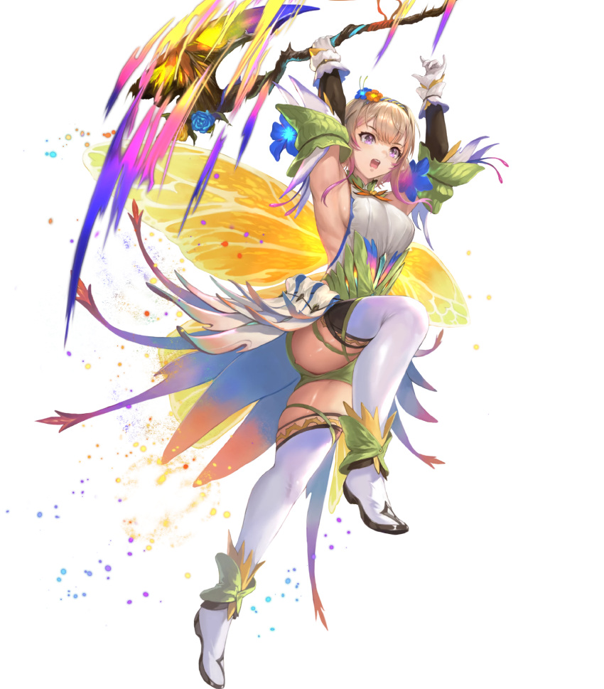 1girl attack axe boots breasts butterfly_wings detached_sleeves dress fairy fairy_wings fire_emblem fire_emblem_heroes flower hair_flower hair_ornament highres holding holding_axe knee_up medium_breasts non-web_source official_alternate_costume official_art open_mouth peony_(cherished_dream)_(fire_emblem) peony_(fire_emblem) plant_hair sideboob skindentation solo teeth thigh_boots thighhighs thighs upper_teeth_only v-shaped_eyebrows white_thighhighs wings yellow_dress