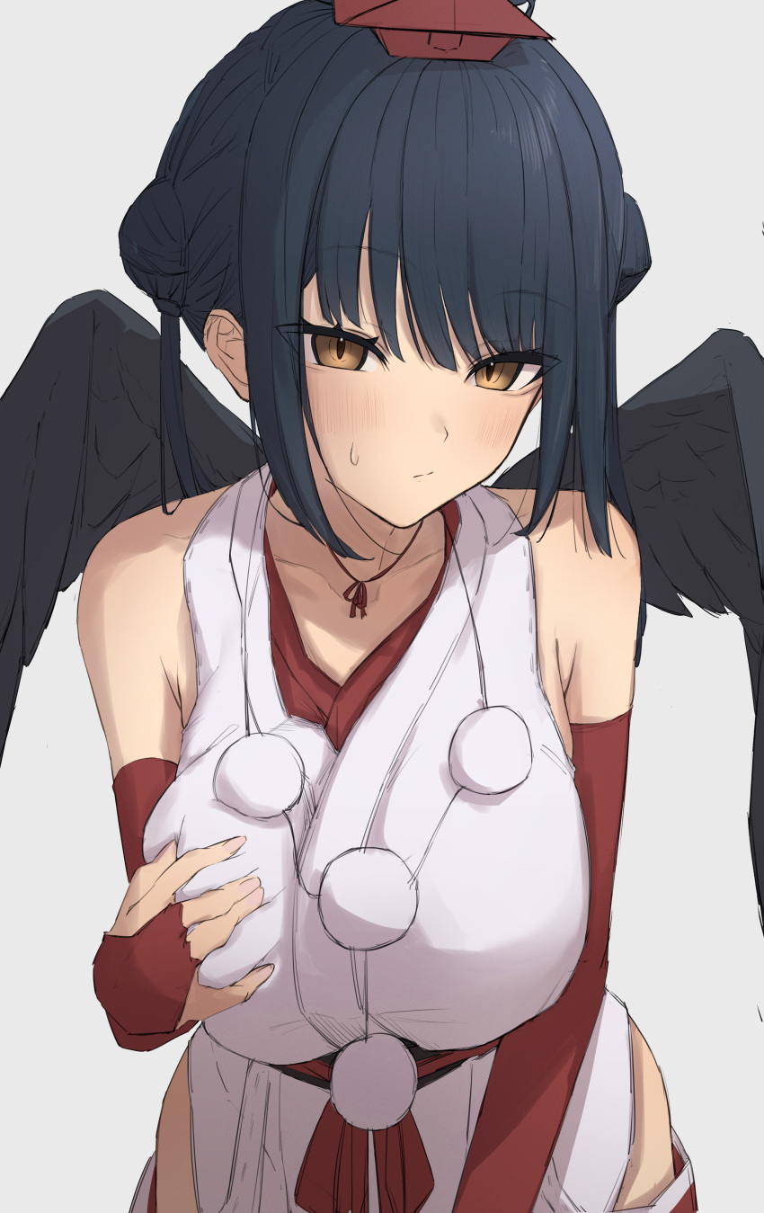 1girl absurdres black_hair blush breasts brown_eyes closed_mouth elbow_gloves feathered_wings fingerless_gloves gloves hand_on_own_chest highres kaekae_kaeru large_breasts looking_at_viewer nijisanji red_gloves simple_background solo standing sweatdrop tengu virtual_youtuber white_background wings yamagami_karuta