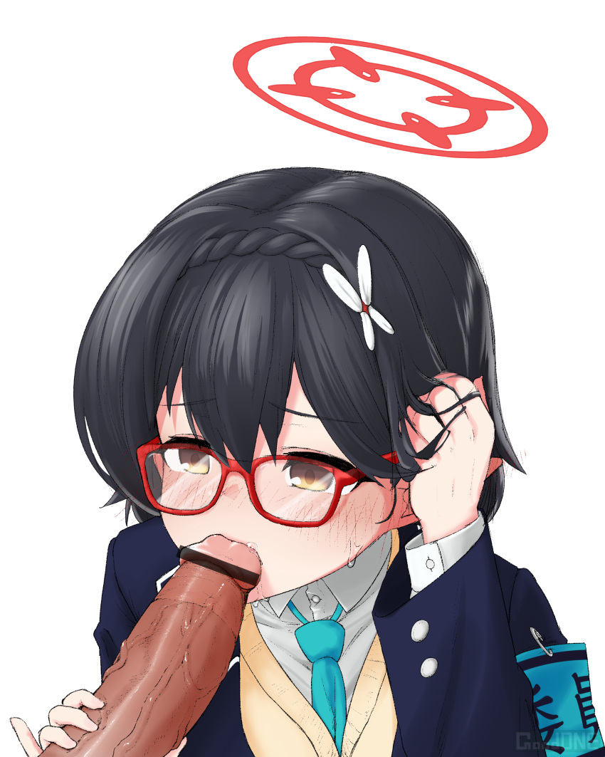 1boy 1girl absurdres ayane_(blue_archive) bar_censor black_hair blue_archive blue_necktie blush brown_eyes censored collared_shirt english_commentary erection fellatio glasses hair_ornament halo hand_in_own_hair hand_up hetero highres jacket kenatosne long_hair long_sleeves necktie open_mouth oral penis penis_grab pointless_censoring pointy_ears red-framed_eyewear saliva school_uniform shirt short_hair simple_background solo_focus sweat upper_body white_background white_shirt