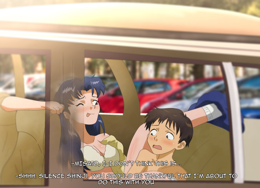 1boy 1girl age_difference blush breasts car car_interior couple electric_shark english_text hetero highres ikari_shinji implied_sex katsuragi_misato motor_vehicle neon_genesis_evangelion one_eye_closed photo_background purple_hair tongue tongue_out