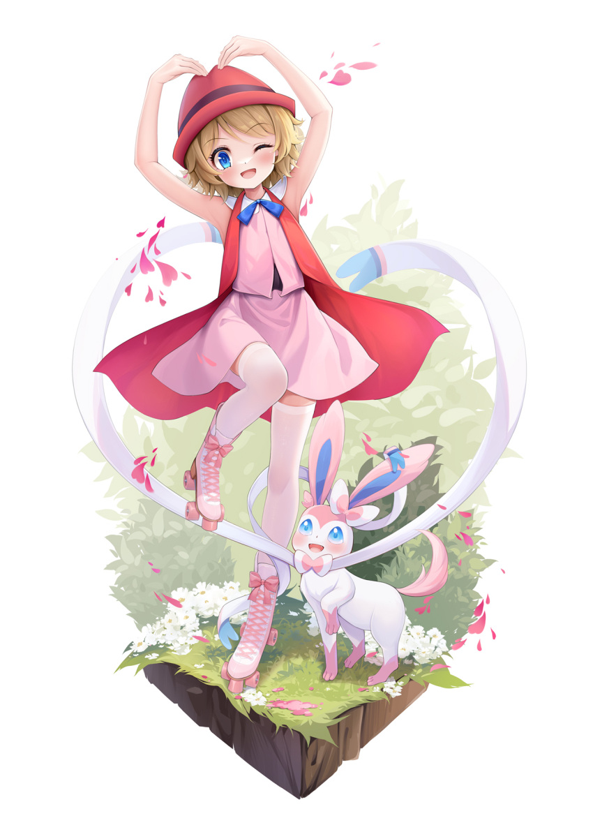 1girl ;d arms_up bare_arms blonde_hair blue_eyes blue_ribbon blush boots chinese_commentary commentary_request dress eyelashes fengli_(709622571) flower grass highres leg_up looking_at_viewer medium_hair neck_ribbon one_eye_closed open_mouth pink_dress pink_footwear pokemon pokemon_(anime) pokemon_(creature) pokemon_xy_(anime) ribbon roller_skates serena_(pokemon) skates smile sylveon thighhighs white_flower white_thighhighs