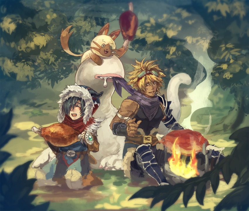 2boys alternate_hair_color bandana belt black_hair black_shirt blonde_hair campfire cooking felyne food goggles goggles_on_head hair_over_one_eye highres holding holding_food hood hood_up khezu male_focus meat moekemari monster_hunter_(series) monster_hunter_stories multiple_boys naville_(monster_hunter_stories) open_mouth outdoors purple_bandana reverto_(monster_hunter_stories) ryuuto_(monster_hunter_stories) saliva shirt smoke teeth upper_teeth_only whiskers