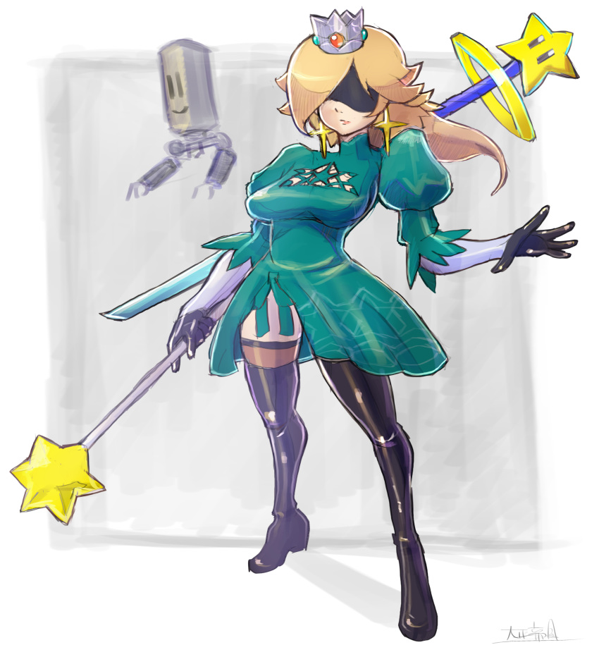 1girl blonde_hair blue_dress boots cosplay covered_eyes crown dress earrings facing_viewer full_body highres holding holding_weapon jewelry long_hair mario_(series) nier:automata nier_(series) oomasa_teikoku pod_(nier:automata) rosalina star_(symbol) star_earrings super_mario_galaxy thigh_boots weapon yorha_no._2_type_b yorha_no._2_type_b_(cosplay)