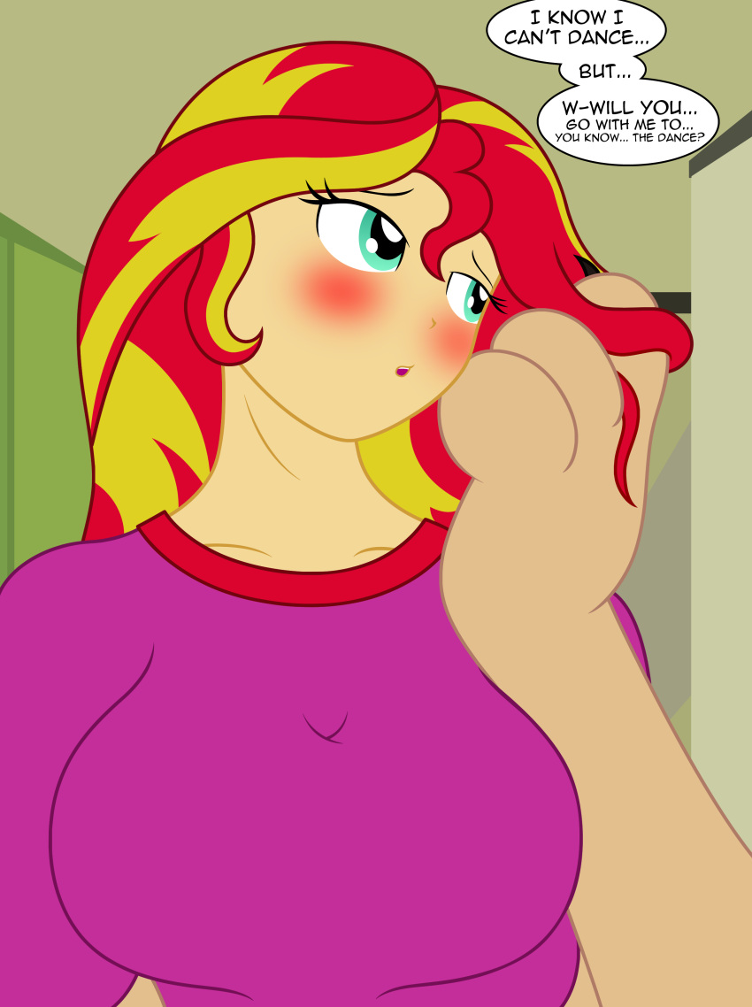 absurd_res badumsquish big_breasts blush breasts clothing equestria_girls felid female flirting_with_viewer hair_twirl hasbro hi_res humanoid looking_away mammal my_little_pony mythological_sphinx mythology shirt solo speech_bubble sunset_shimmer_(eg) t-shirt tall_girl topwear