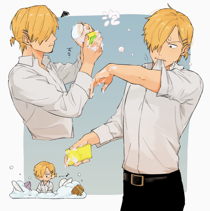 1boy alternate_hairstyle belt black_belt black_pants blonde_hair blue_background bowl chibi chibi_inset cigarette cup dishwashing dress_shirt facial_hair hair_ornament hair_over_one_eye hairclip highres holding holding_cup holding_sponge iqracha letterboxed male_focus musical_note one_piece pants plate ponytail sanji_(one_piece) shirt shirt_tucked_in short_hair soap_bubbles sponge squiggle white_shirt