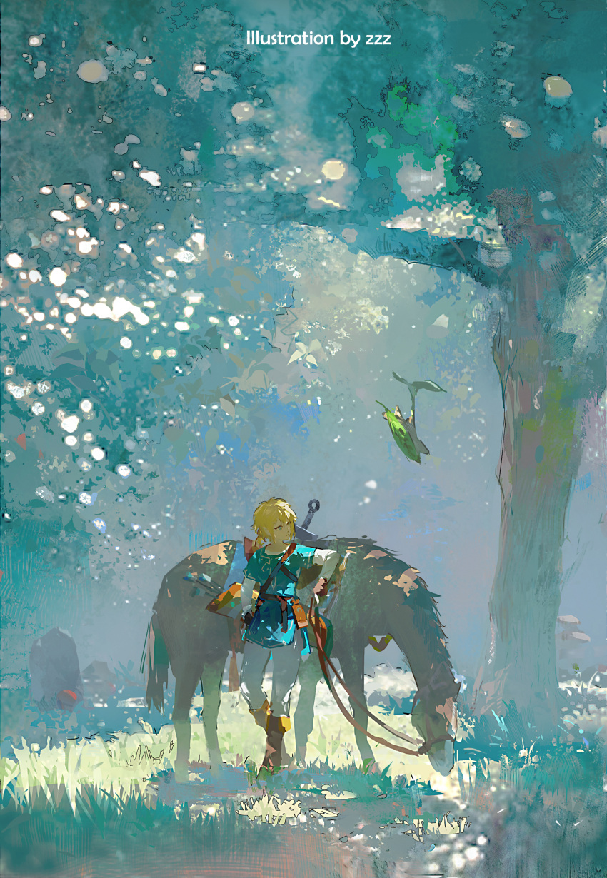 absurdres blue_eyes blue_tunic dappled_sunlight forest grass highres horse korok leaning light_brown_hair link nature scenery sunlight sword sword_on_back the_legend_of_zelda tree weapon weapon_on_back wide_shot zzz_(orchid-dale)