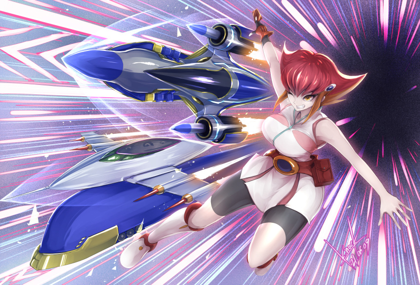 1girl black_pants breasts card duel_monster full_body gloves highres holding holding_card jet_engine k.nock kouzuki_anna large_breasts medium_hair motion_lines multicolored_hair one_eye_closed orange_eyes orange_hair pants pink_shirt red_hair revision rocket_arrow_express shirt sleeveless solo super_express_bullet_train train yu-gi-oh! yu-gi-oh!_zexal