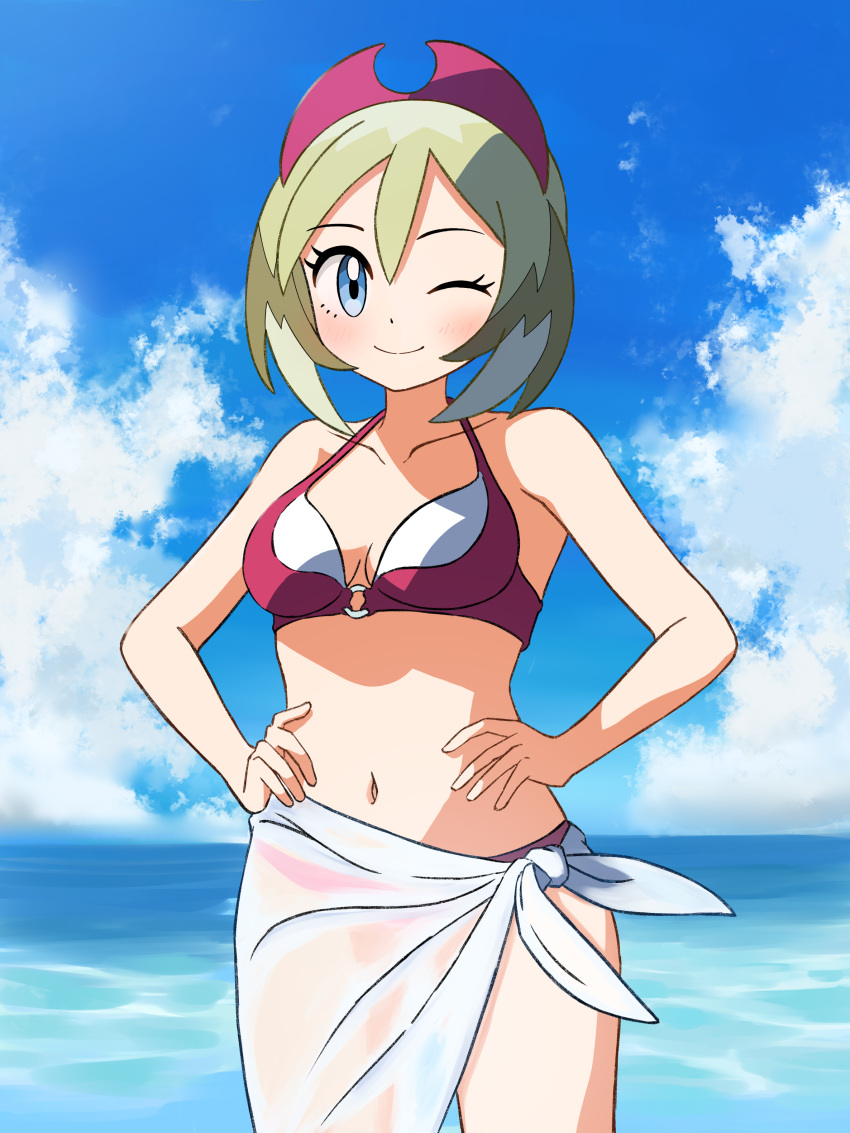 1girl absurdres beach bikini blonde_hair bob_cut hairband hands_on_own_hips highres irida_(pokemon) midriff mikan_(mikan_no_happa) navel pokemon pokemon_(game) pokemon_legends:_arceus red_bikini red_hairband solo swimsuit