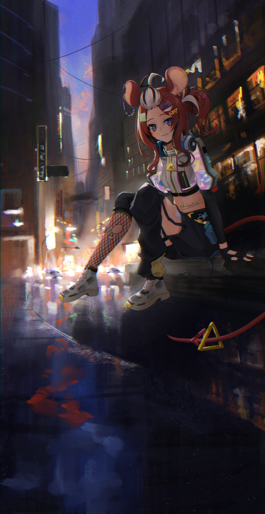 1girl absurdres animal_ears asymmetrical_legwear black_gloves black_hair black_shorts black_sleeves black_tube_top blue_eyes breasts building cropped_jacket fingerless_gloves fishnet_thighhighs fishnets gloves hair_ornament hakos_baelz hakos_baelz_(3rd_costume) headphones headphones_around_neck highres hololive hololive_english isolatediev long_hair looking_at_viewer medium_breasts midriff mouse_ears mouse_girl mouse_tail multicolored_hair navel ponytail puffy_short_sleeves puffy_sleeves red_hair shoes short_shorts short_sleeves shorts single_sleeve sitting smile sneakers solo star_(symbol) star_hair_ornament strapless streaked_hair symbol-shaped_pupils tail tail_ornament thighhighs tube_top virtual_youtuber white_footwear white_hair