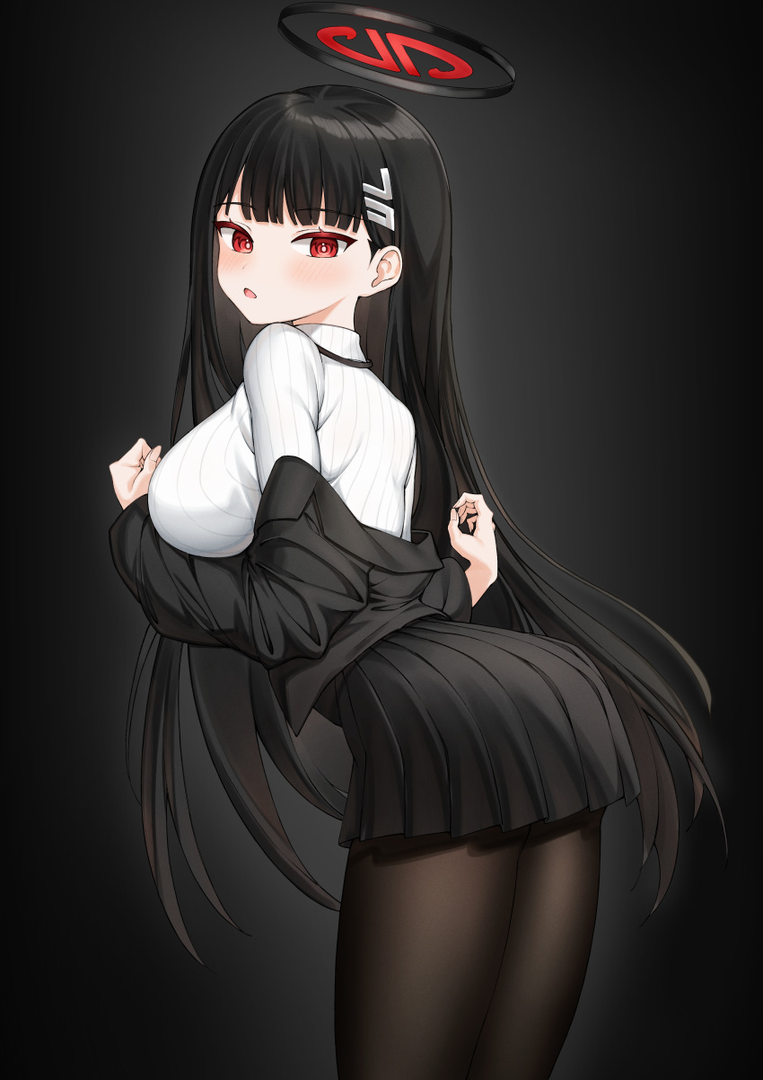 1girl :o absurdres black_hair black_jacket black_pantyhose black_skirt blue_archive blush breasts cobe halo highres jacket jacket_partially_removed large_breasts leaning_forward long_hair looking_at_viewer looking_back pantyhose pleated_skirt red_eyes ribbed_sweater rio_(blue_archive) simple_background skirt solo straight_hair sweater very_long_hair white_sweater