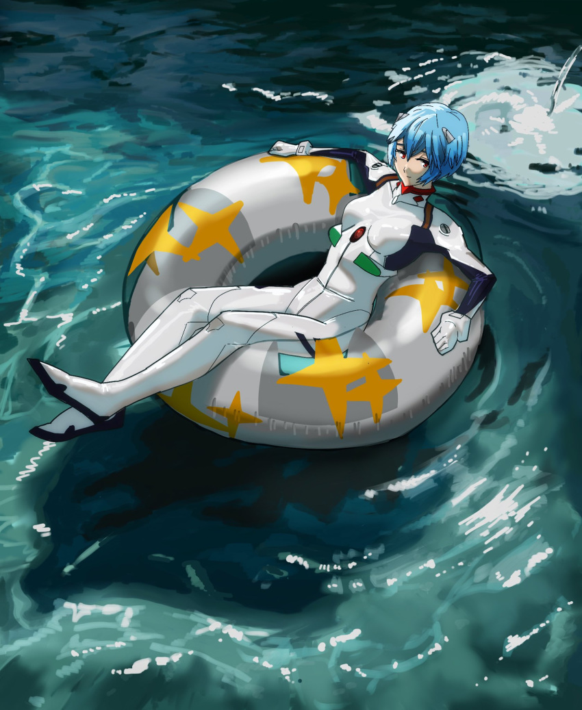 1girl ayanami_rei blue_hair bodysuit floating full_body highres innertube light_smile looking_at_viewer lying neon_genesis_evangelion on_back on_water pakkun plugsuit red_eyes short_hair solo star_(symbol) star_print water white_bodysuit