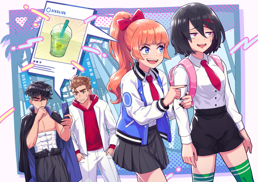 2boys 2girls bandaid bandaid_on_face black_hair black_nails black_shorts black_skirt blue_eyes bow breasts brown_hair collared_shirt eire_(sai_fuji) green_thighhighs hair_between_eyes hair_bow hands_in_pockets hasebe_kazumi high-waist_shorts highres holding_another's_arm jacket jitome kunio-kun kunio-kun_series kyoko_(kunio-kun) letterman_jacket long_hair looking_at_another medium_breasts medium_hair miniskirt misako_(kunio-kun) multiple_boys multiple_girls necktie open_mouth orange_hair pink_bag pink_eyes pleated_skirt ponytail red_necktie river_city_girls sarashi shaded_face shirt short_shorts shorts skirt speech_bubble sword_earrings thick_eyebrows thighhighs undercut white_shirt