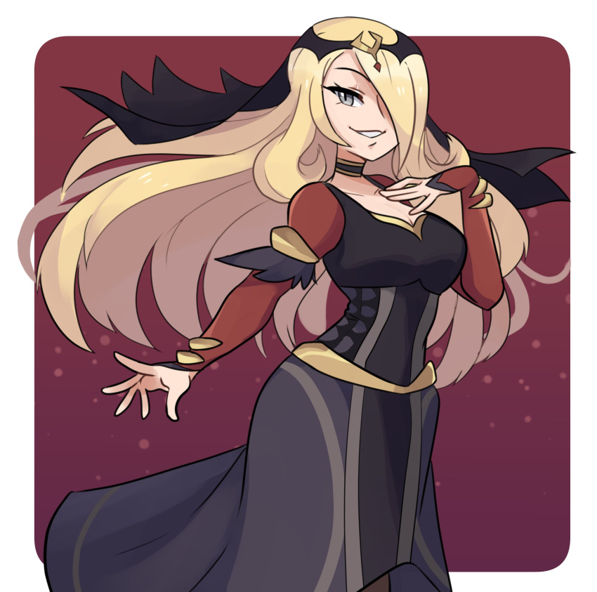 1girl absurdres black_dress blonde_hair border breasts cleavage collarbone commentary cynthia_(pokemon) cynthia_(sygna_suit)_(renegade)_(pokemon) dress grey_eyes hair_over_one_eye hand_on_own_chest highres long_hair missandydandy official_alternate_costume outside_border pokemon pokemon_masters_ex smile solo symbol-only_commentary very_long_hair white_border