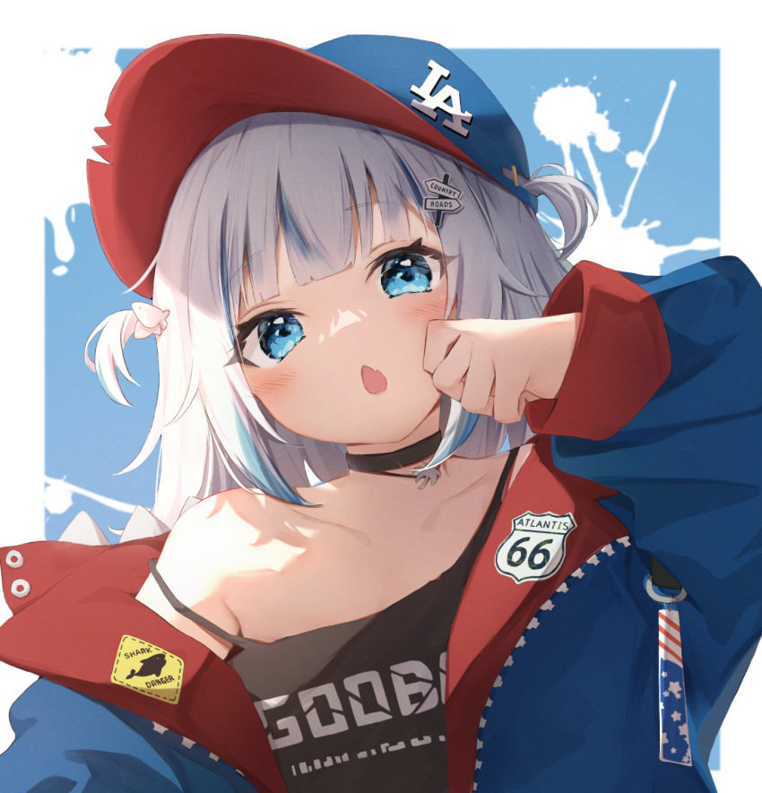 1girl alternate_costume baseball_cap black_choker blue_eyes blue_hair blue_headwear blue_jacket blush border breasts chestnut_mouth choker clothes_writing commentary_request commission gawr_gura grey_hair hair_ornament hand_up hat highres hololive hololive_english jacket long_sleeves looking_at_viewer los_angeles_dodgers multicolored_hair open_clothes open_shirt outside_border pixiv_commission road_sign_hair_ornament seboneko sidelocks solo strap_slip streaked_hair tank_top two_side_up upper_body virtual_youtuber white_border