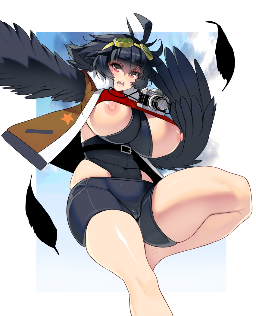 1girl absurdres ahoge belt black_feathers black_hair black_wings bomber_jacket breasts breasts_out cameltoe camera camera_around_neck commentary_request commission covered_navel feathers goggles goggles_on_head hair_between_eyes harpy highres huge_breasts jacket masao medium_hair monster_girl nipples open_mouth original plump skeb_commission skin_tight solo vinny_the_pigeon_harpy winged_arms wings