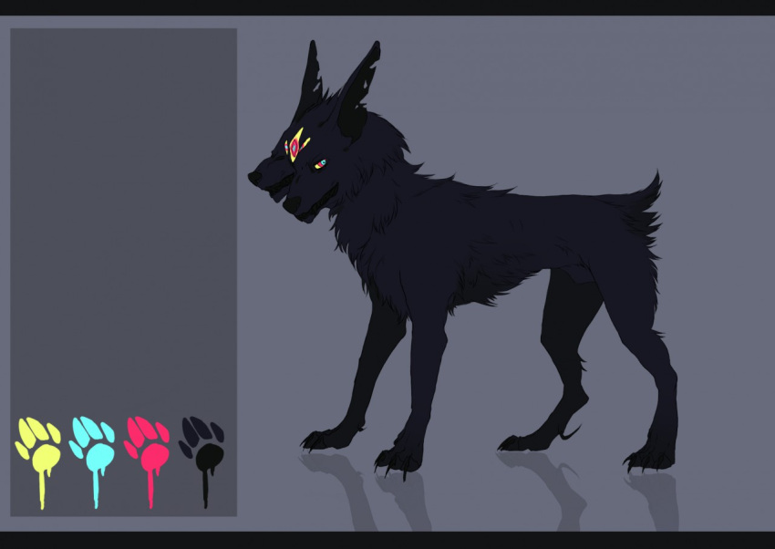 2015 2_heads akrolayn ambiguous_gender black_body black_border black_claws black_ears black_fur border canid canine claws color_swatch digital_media_(artwork) feral full-length_portrait fur geodis grey_background leg_tuft mammal model_sheet monotone_body monotone_fur multi_head neck_tuft notched_ear portrait reflection scut_tail short_tail simple_background solo standing tail tail_tuft tuft unavailable_at_source yellow_sclera