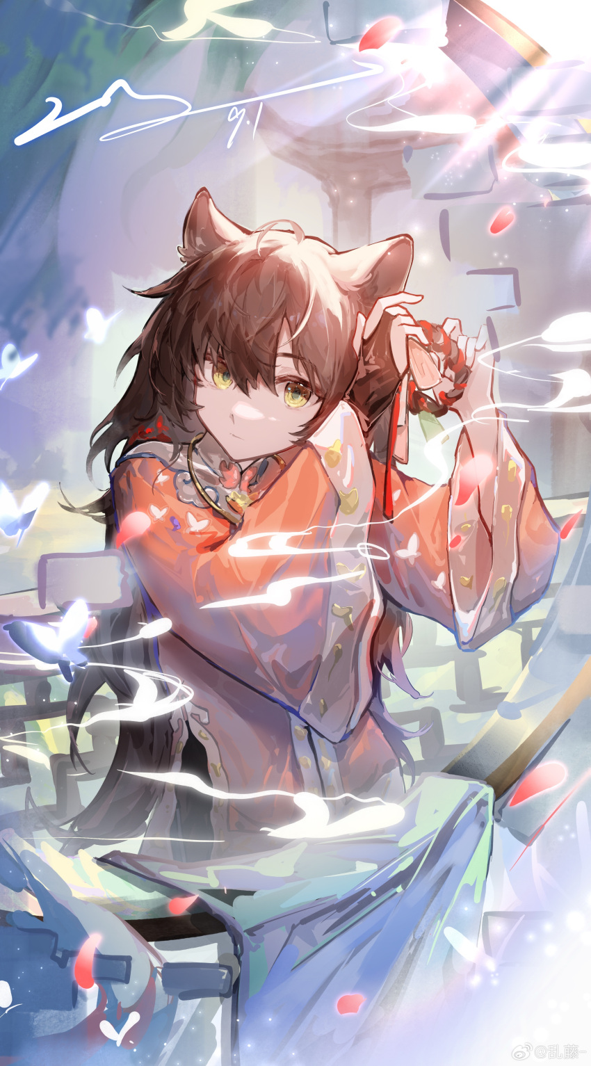 1girl abstract_background absurdres adjusting_hair animal_ears arknights black_gloves brown_hair chair chinese_clothes chinese_commentary commentary_request dated dress fingerless_gloves frown gloves hair_ribbon highres long_sleeves luan_teng lunacub_(arknights) lunacub_(clouds_float_like_ideas_of_art)_(arknights) official_alternate_costume pink_dress red_ribbon ribbon signature single_glove solo upper_body weibo_username wolf_ears wolf_girl yellow_eyes