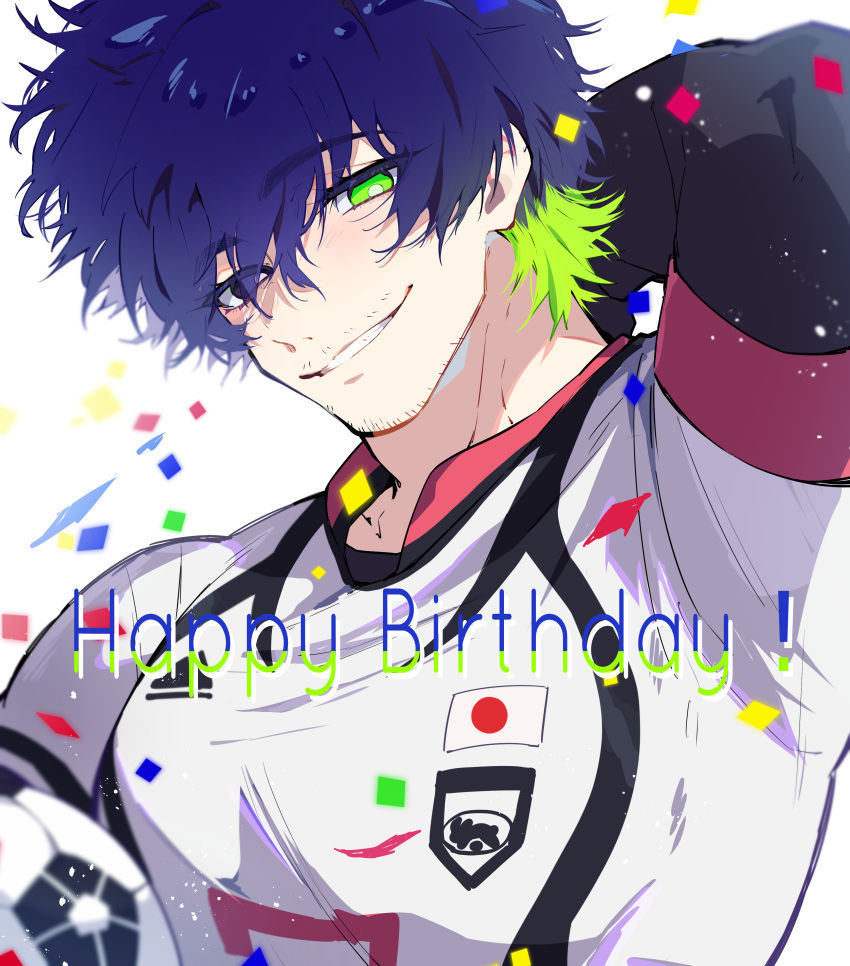 1boy absurdres arm_behind_head arm_up ball beard black_eyes blue_hair blue_lock collared_shirt confetti facial_hair green_eyes green_hair grin happy_birthday heterochromia highres long_sleeves looking_at_viewer male_focus multicolored_hair mustache nekoma_hikaru oliver_aiku shirt short_hair smile soccer_ball soccer_uniform solo sportswear two-tone_hair upper_body white_background white_shirt