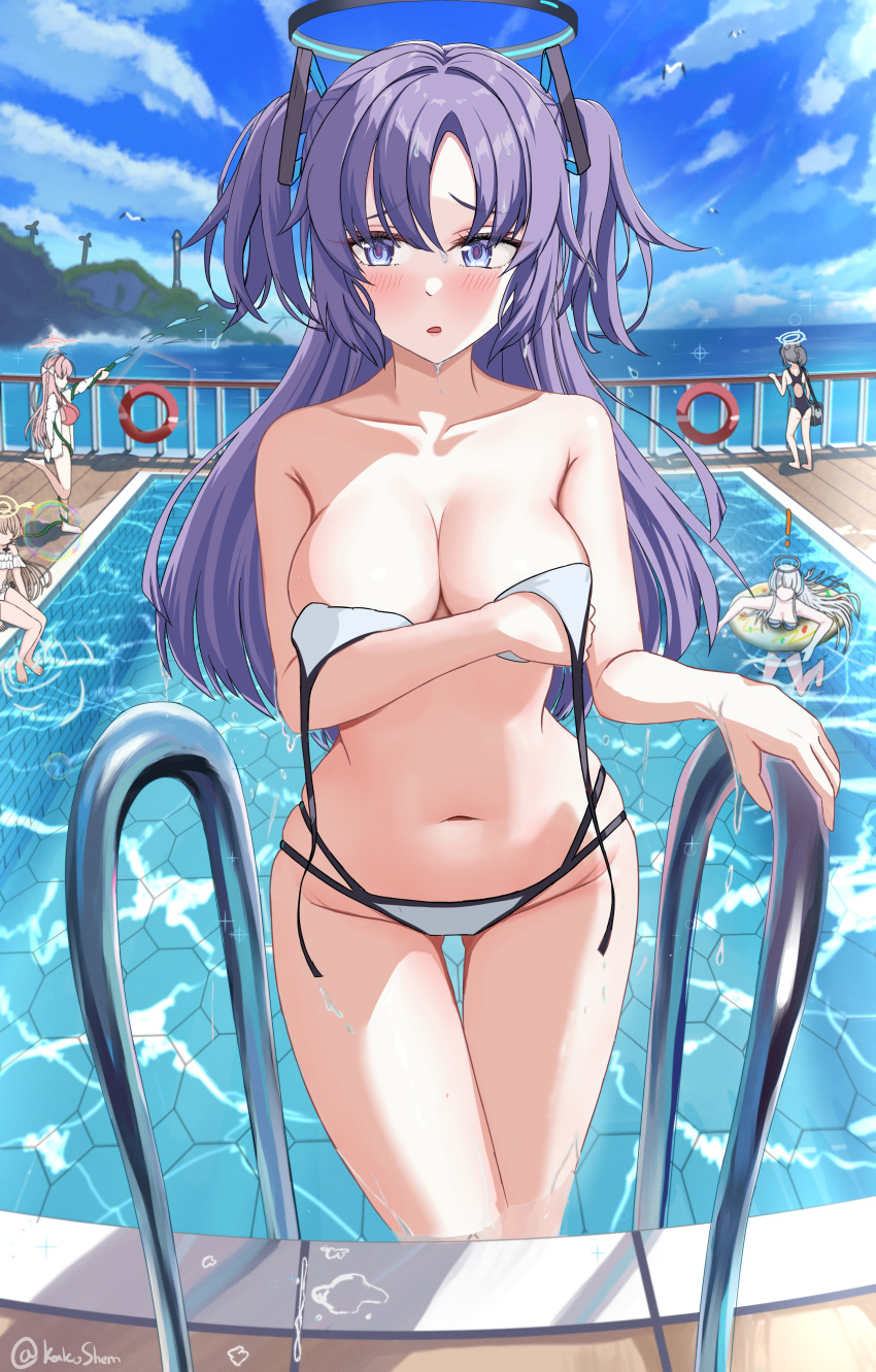 ! 5girls absurdres bikini bird blue_archive blue_sky blush bra bra_removed cloud cruise_ship embarrassed faceless halo hanako_(blue_archive) hanako_(swimsuit)_(blue_archive) hifumi_(blue_archive) hifumi_(swimsuit)_(blue_archive) highres holding holding_hose hose innertube multiple_girls navel noa_(blue_archive) ocean panties pool seagull shem_kako shiroko_(blue_archive) shiroko_(swimsuit)_(blue_archive) sky summer swimming swimsuit thighs underwear yuuka_(blue_archive)