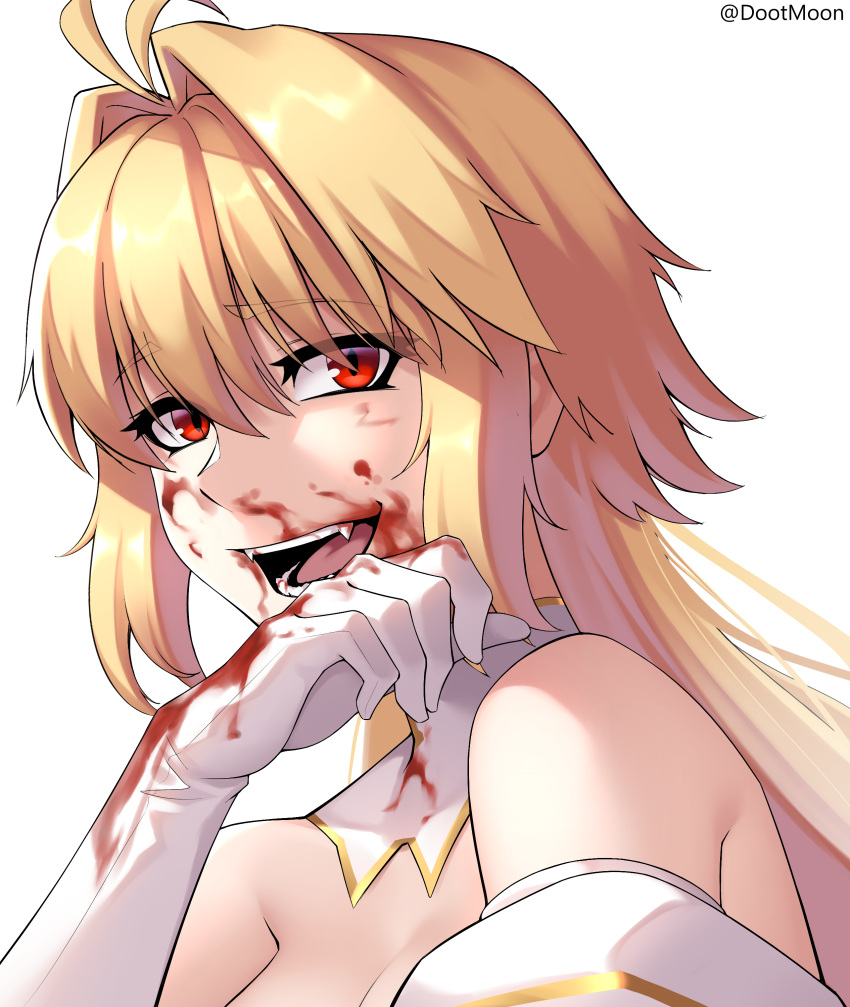 1girl absurdres archetype_earth arcueid_brunestud bare_shoulders blonde_hair blood blood_on_face blood_on_gloves breasts cleavage close-up commentary commission dootmoon english_commentary fangs gloves hair_intakes highres long_hair looking_at_viewer open_mouth red_eyes simple_background solo teeth tongue tsukihime twitter_username white_background white_gloves