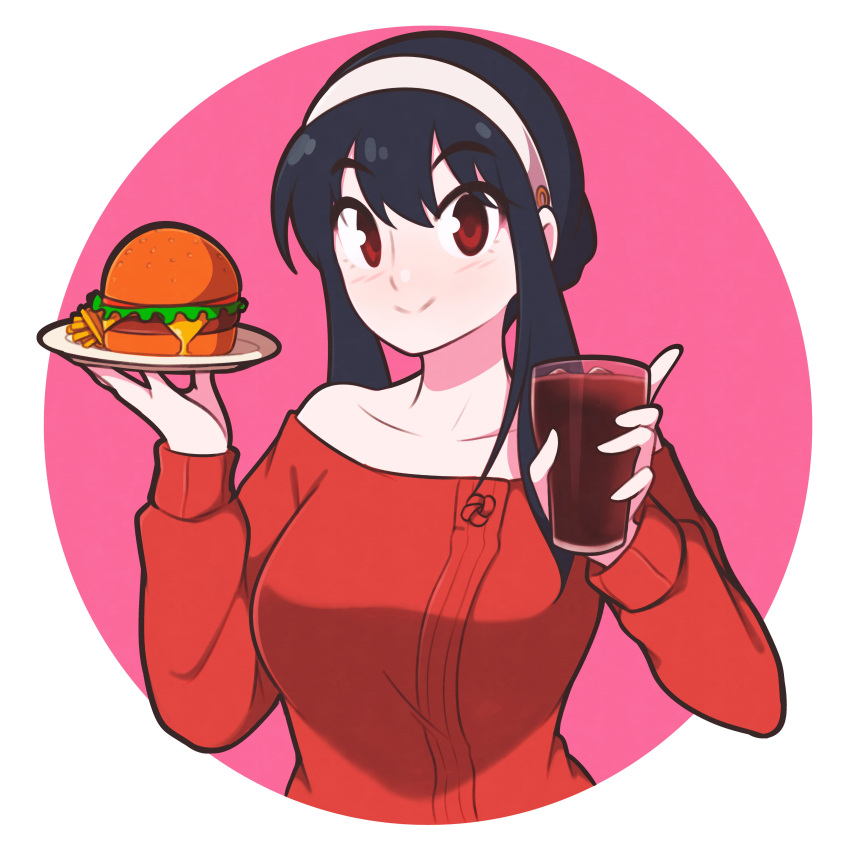 1girl absurdres bare_shoulders black_hair breasts burger cheese collarbone commentary cup food glass hairband highres holding holding_cup holding_plate jeff_miga lettuce long_hair long_sleeves off-shoulder_sweater off_shoulder plate red_eyes red_sleeves red_sweater sidelocks smile solo spy_x_family sweater symbol-only_commentary tomato white_hairband yor_briar