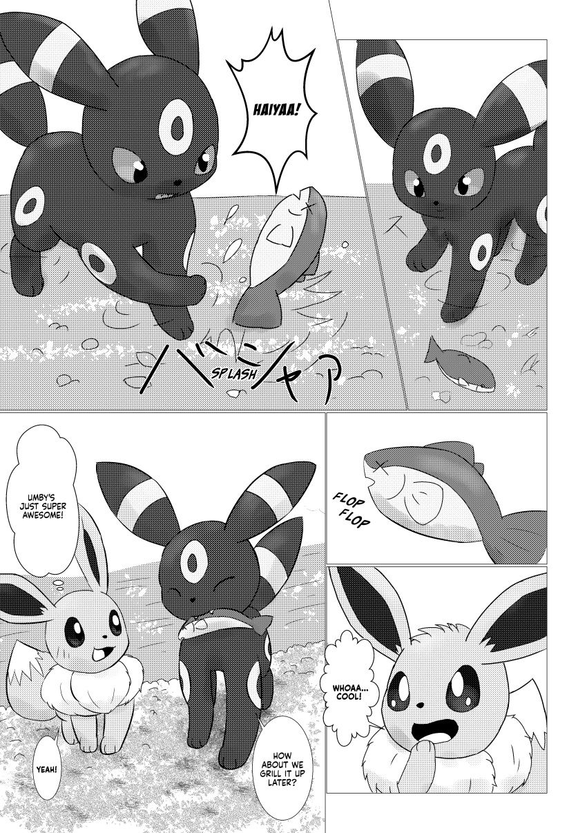 absurd_res ambiguous_gender attack black_and_white comic cute_fangs dialogue dipstick_tail dokuase duo ear_markings eevee eeveelution english_text facial_markings feral fish food_in_mouth forehead_markings fur generation_1_pokemon generation_2_pokemon grass greyscale hand_on_chin hard_translated head_markings hi_res japanese_text leg_markings log marine markings monochrome mouth_hold multicolored_body multicolored_fur neck_tuft nintendo partially_submerged plant pointy_speech_bubble pokemon pokemon_(species) ring_(marking) river simple_background speech_bubble standing standing_in_water surprise tail tail_markings text third-party_edit thought_bubble translated translation_edit tuft two_tone_body two_tone_fur umbreon white_background wood x_eyes