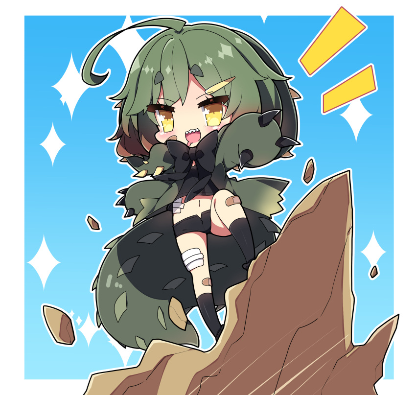 1girl :d absurdres ahoge bandaid bandaid_on_leg black_bow black_shirt black_shorts black_socks blue_background bow commentary_request deviljho drooling green_hair hair_ornament hairclip highres milkpanda monster_hunter_(series) mouth_drool navel notice_lines personification sharp_teeth shirt short_eyebrows short_shorts shorts smile socks solo standing tail teeth thick_eyebrows two-tone_background white_background yellow_eyes